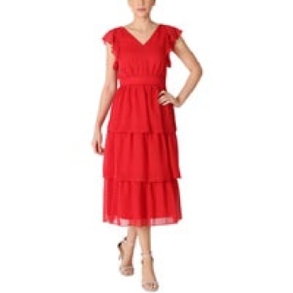 Julia Jordan NWT Clip Dot Chiffon Midi Dress Tiered Double V Neck Red Size 6 New